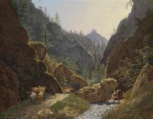 Farmer With Yoke Of Oxen Near Schottwien With View Of The Ruins Of Klamm