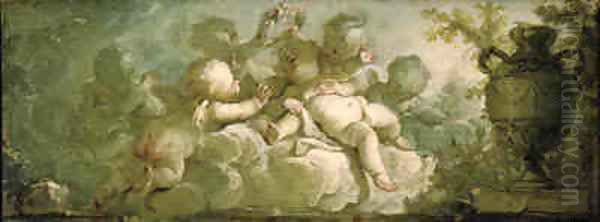 An overdoor Putti desporting on clouds by a vase on pedestal - view 1