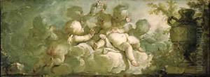 An overdoor Putti desporting on clouds by a vase on pedestal by Dirk Van Der Aa