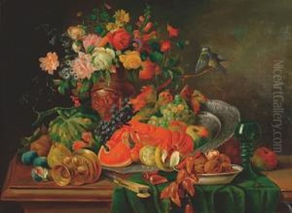 Still Life Of Mixed Flowers, Fruit, Nuts, A Lobster, And Other Objects, On A Table - view 1