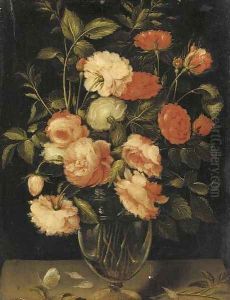 Red, pink and white roses in a glass vase with a butterfly on a ledge by Alexander Adriaenssen