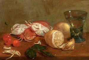 A 'roemer' of white wine, crabs, cherries and lemons on a wooden ledge by Alexander Adriaenssen