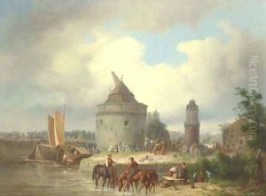 A Great Stone Mill on a River, with Mounted Tradesmen by Karl August Aerttinger