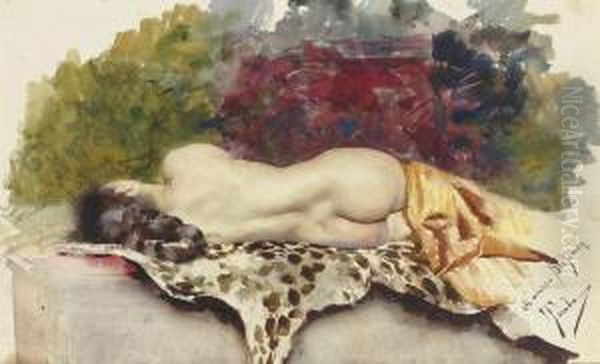 A Reclining Female Nude Seen From Behind Lying On A Leopardskin - view 1