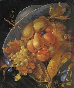 An anthropomorphic portrait of a man composed of apples, pears, grapes and corn on the cob by Giuseppe Arcimboldo