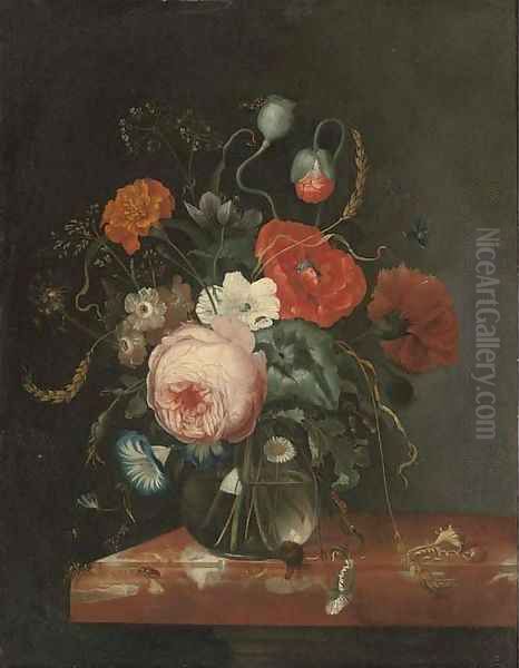A rose, a peony, a carnation, convolvulus and other flowers in a glass vase - view 1