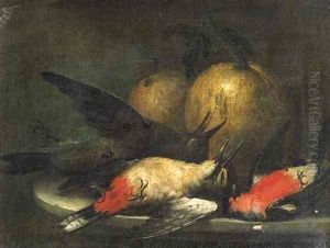 Dead songbirds and pumpkins on a stone ledge by Johann Adalbert Angermayer