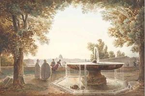A view of Rome from the terrace of the Villa Medici, a fountain in the foreground by Jodocus Josse Sebastiaen Van Den Abeele