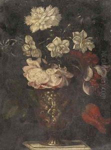 A rose, carnation, narcissi and other flowers in a vase on a table by Balthasar Van Der Ast