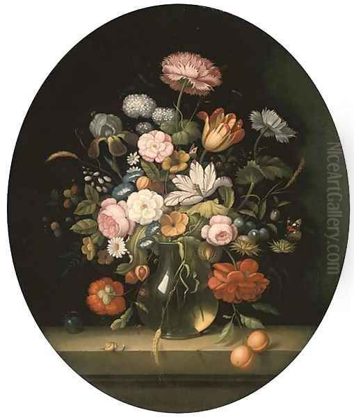 Roses, tulips, morning glory, berries and fruit in a glass jug with a butterfly, a dragonfly and a snail on a ledge - view 1