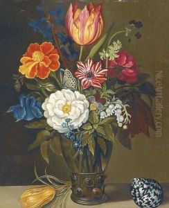 Mixed flowers in a glass vase, with a parrot tulip and a shell on a ledge by Balthasar Van Der Ast