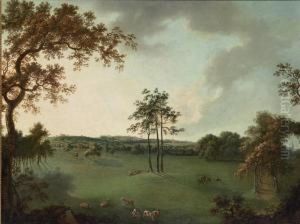 A View In Leicestershire With A Church, Possibly Melton Mowbray, In The Distance by William Tomkins