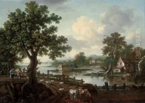 An Extensive Wooded River Landscape With Drovers And Their Animals On A Track, Cottages Beyond by William Tomkins