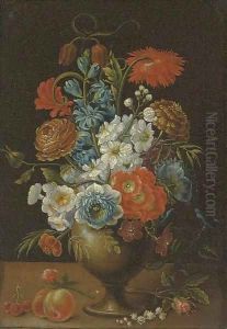 Roses, carnations, daffodils and other flowers in a vase on a ledge by Balthasar Van Der Ast