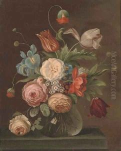 Roses, tulips, and other flowers in a glass vase with a snail and a fly on a ledge by Balthasar Van Der Ast