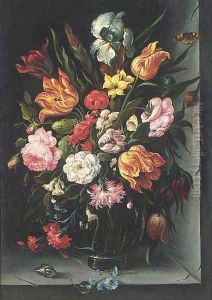 Roses, tulips, carnations, morning glory and other flowers in a glass vase with a butterfly, a snail and a shell on a ledge by Balthasar Van Der Ast