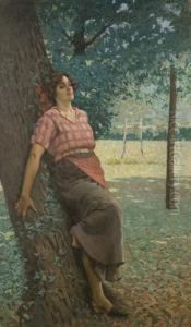 Giovane Contadina Sotto Gli Alberi