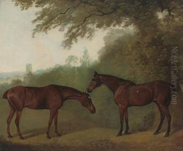 Printer And Simon, Two Chestnut Hunters In A Landscape by Clifton Tomson