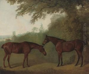 Printer And Simon, Two Chestnut Hunters In A Landscape by Clifton Tomson