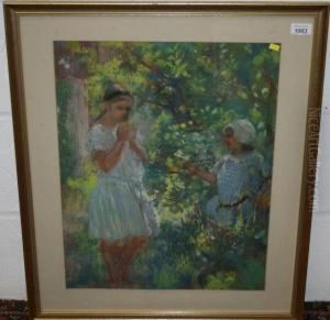 Study Of Two Girls In A Garden by Henry Tonks