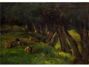 Schafe Unter Baumen Auf Gruner Wiese by Charles Richard Tooby