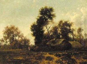 Figures in a wooded landscape by cottages by Jean Alexis Achard