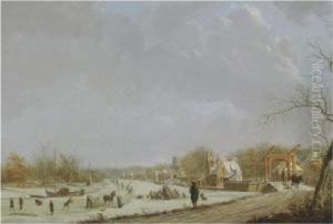 A Winter View Of Leiden With Figures Skating On The