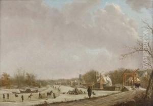A Winter Landscape With Figures Skating On A Frozen River