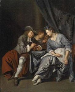 Interior With A Couple At A Table by Jacob Van Toorenvliet