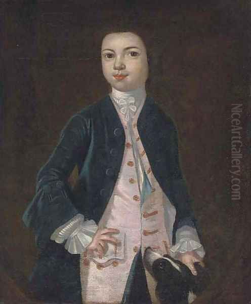 Portrait of a boy in a blue coat and pink waistcoat, a dog at his side, feigned oval - view 1