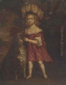 Portrait of a young lady, full-length, in a red dress, a dog by her side