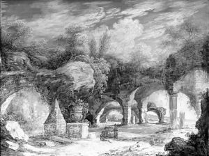 A capriccio of Roman baths with soldiers by a tomb