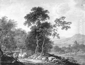 An extensive mountainous landscape with a traveller asking his way to a family of beggars, a river in the background