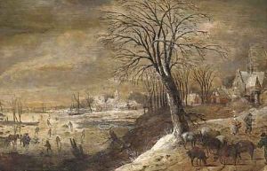 A winter landscape with herders and other figures, skaters on a frozen river beyond by Denys Van Alsloot