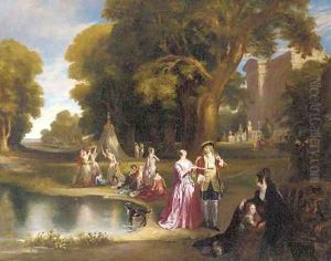 Elegant figures before a country house