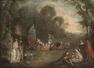 Elegant figures engaged in poetical pursuits, in an extensive landscape