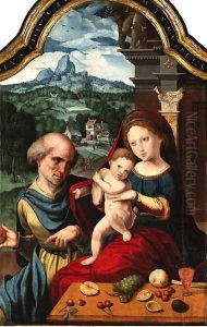The Holy Family with a village and mountains beyond by Pieter Coecke Van Aelst