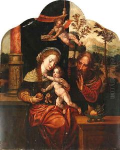 The Holy Family with an angel crowning the Virgin, a landscape beyond by Pieter Coecke Van Aelst