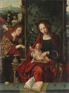 The Virgin and Child enthroned, with the Angel Gabriel proffering a lily a fragment by Pieter Coecke Van Aelst