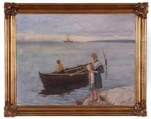 Kystlandskap Med Robat Og Barn by Thorvald Hagbart Torgersen