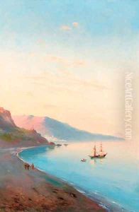 Shipping in a harbour at sunset