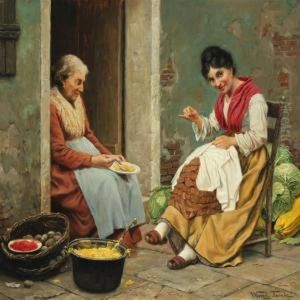 Two Italian Women Sitting In Front Of An Old House