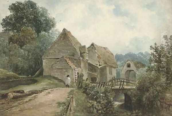A figure on a path by an old building - view 1