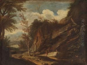 A Mountainous Landscape With Figures Near A Track