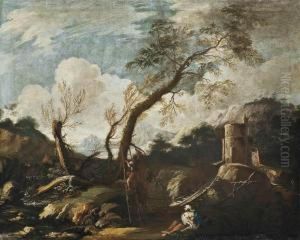 A Wooded River Landscape With Peasants On A Track Gathering Wood, A House Beyond by Bartolomeo Torreggiani