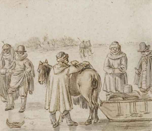 Figures by a horse-drawn sledge, skaters on the ice beyond - view 1