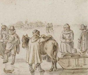 Figures by a horse-drawn sledge, skaters on the ice beyond by Hendrick Avercamp