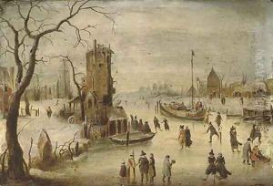 A frozen river landscape with skaters, a church beyond by Hendrick Avercamp