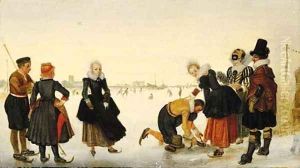 Elegant ladies and gentlemen taking to the ice on a frozen river with skaters and a town beyond by Hendrick Avercamp