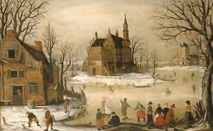 Figures in a winter landscape with a castle beyond by Hendrick Avercamp
